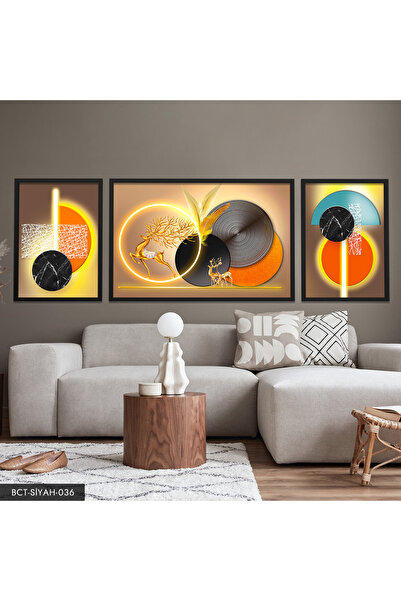 Evinemoda Gold Neon Geyik Yuvarlak Desenler 3 Parça Siyah Çerçeveli Tablo