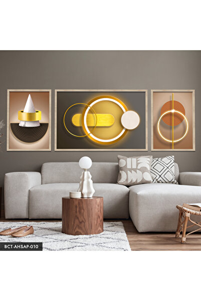 Evinemoda Gold Yuvarlak Desen 3 Parça Ahşap Çerçeveli Tablo