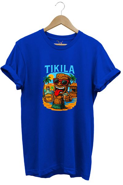 WİDİ Лятна тениска с принт на текст „Текила“, 100% памучен крой, първокласно синьо