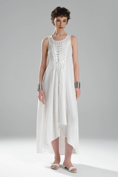 tw3 Γυναικείο μακρύ φόρεμα με λινό ύφασμα με δέσιμο μπροστά