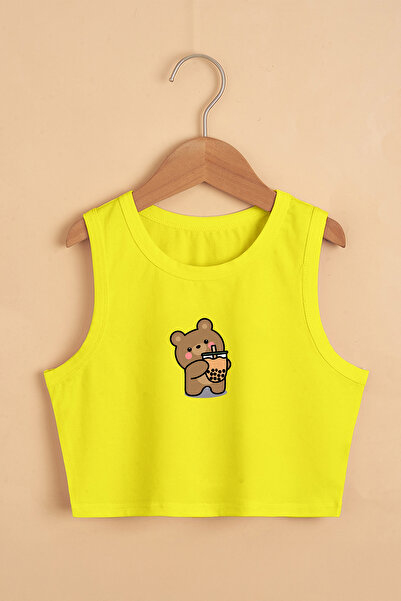 TARZ STİL Kız Çocuk Yazlık Ayıcık Karakter Baskılı Crop Tişört 22008