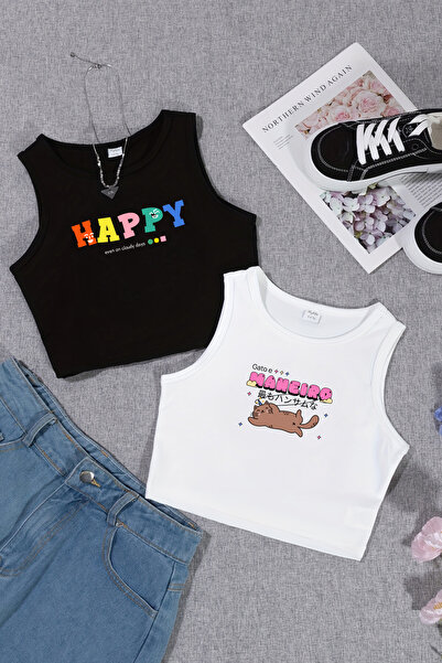 TARZ STİL Kız Çocuk Yazlık Happy ve Uykucu Kedi Baskılı 2'li Crop Tişört Seti...