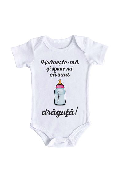OEM Body bebe, Hraneste-ma si spune-mi ca sunt draguta, 12-18 luni, maneca scurta, bonisa creativ, alb,