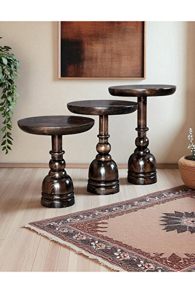 ASELYA HOME Doğal Ahşap 3’lü Set Mantar Yan Sehpa Modern Koyu Ceviz Fiskos Zi...