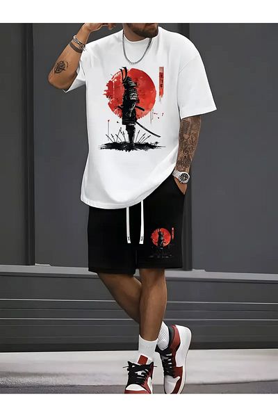 ACTIVE MODA Men's Cotton Printed Basic Line Tshirt-Shorts Set 2-Pack Oversize Large Size