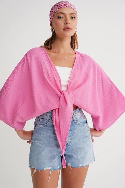 Mixray 4723 Kadın Önü Bağlamalı Bolero Bluz Pembe