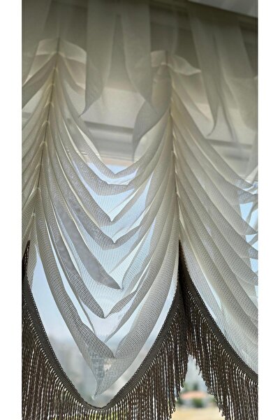 DİLETTO Beige Tasseled Steel Tulle Balloon Curtain (Ironing Not Required)