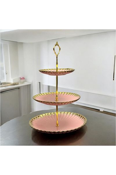 JOVY Porcelain Stackable Plate, 3 Levels, Candy Bar, Golden, Pink with Gold