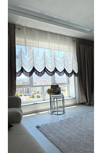 DİLETTO Gray Tasseled Steel Tulle Balloon Curtain (Ironing Not Required)