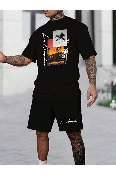 ACTIVE MODA -Men's Cotton Printed Never Look Back Tshirt-Shorts Set 2-Pack Oversize Large Size