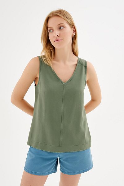Fashion Friends Λινό μπλουζάκι με λαιμόκοψη Χακί