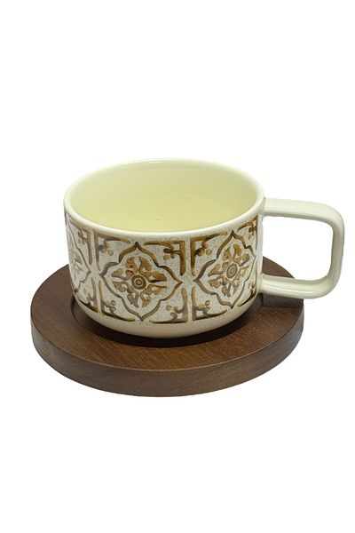 JOVY Porcelain Cup and Wooden Stand Set, TERRA COLLECTION, 250 ml CAPPUCCINO