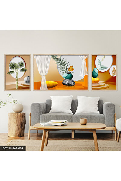 Evinemoda Soyut Orman Taşlar 3 Parça Ahşap Çerçeveli Tablo