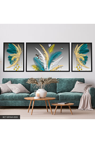 Evinemoda Renkli Tüyler Kelebek 3 Parça Siyah Çerçeveli Tablo