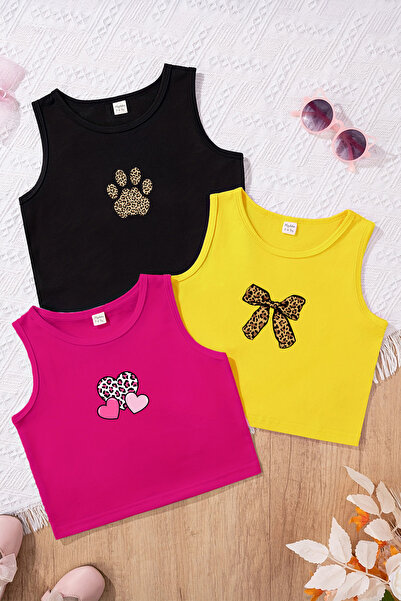 TARZ STİL Kız Çocuk Leopar pati Temalı 3'lü Crop Tişört Seti 23456 23495 23496