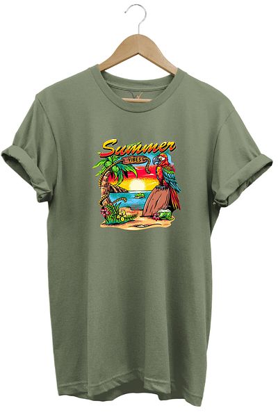 WİDİ Πολύχρωμο μπλουζάκι Summer Vibes με στάμπα και παπαγάλος 100% βαμβακερό κανονική εφαρμογή Premium χακί μπλουζάκι