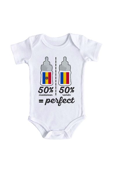 OEM Body bebe, 50 moldovean 50 roman = Perfect, 12-18 luni, maneca scurta, bonisa creativ, alb, 100% bum
