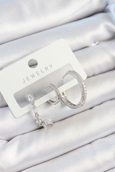 Celira Brass Zircon Stone Dangle Model Silver Color 3-Piece Double Women's Earring Set