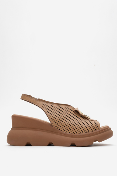 Dericlub Deri̇club Women's Wedge Heel Buckle Casual Sandals Real Leather Zy 8067 Caramel