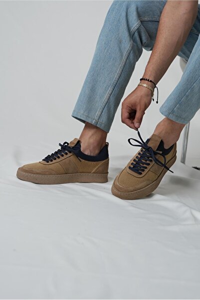 TETRİ Darian Model Hakiki Deri El Yapımı Kahverengi Erkek Triko Sneaker Ayakkabı