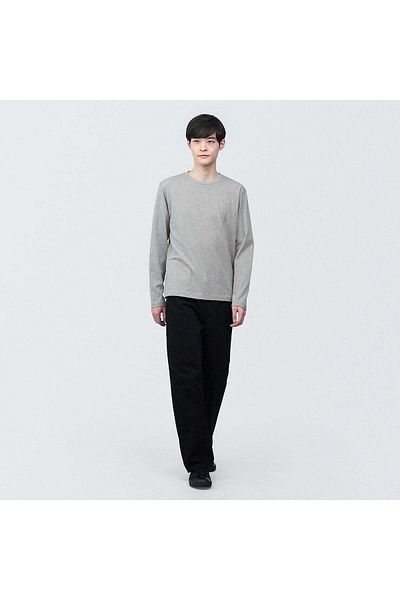Muji تي شيرت جيرسي مغسول برقبة دائرية وأكمام طويلة
