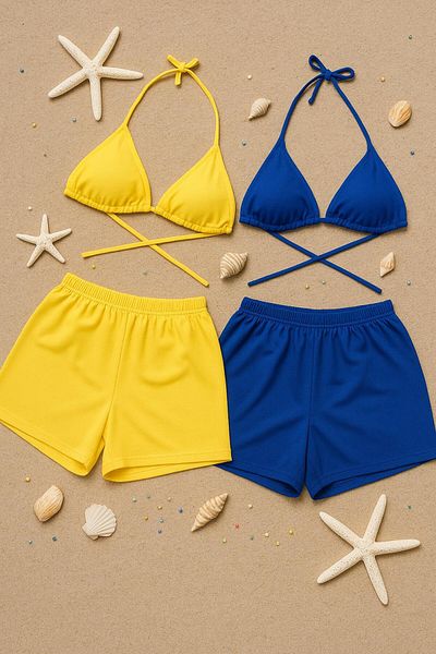 Stail Moda Women's Yellow and Blue 2-Piece Side and Neck Tie Triangle Bikini Shorts Nightdress Sea Team