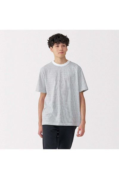 Muji تي شيرت جيرسي مخطط بياقة دائرية وأكمام قصيرة