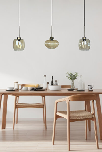 Bamyum Üçlü Lunex Cam Bal Rengi Avize İnce Eskitme Başlık Sarkıt Yemek Masası...