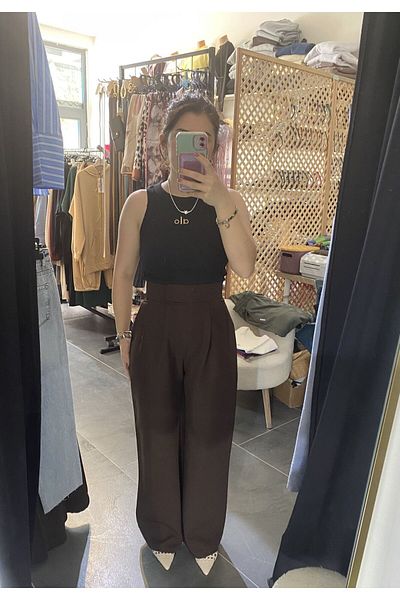 karpuzbutiks Coffee Dabil Fabric Cirtli Palazzo Pants-M