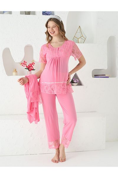 JENİKA Maternity Pajama Set with Lace Detail and Openable Collar with Buttons, 3 Pieces