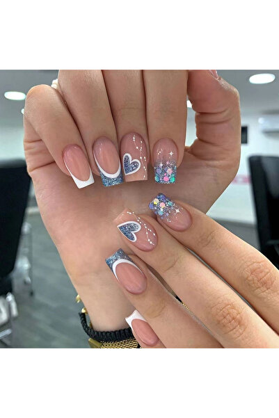 Choice QHW739 24 قطعة أظافر فرنسية قصيرة على شكل قلب مع 1 جيلي جل و1 مبرد أظافر