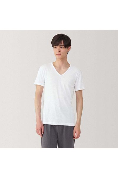 Muji تي شيرت قطني ماص للرطوبة بأكمام قصيرة ورقبة على شكل حرف V