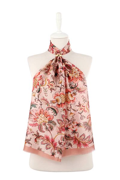 Bursa İpek Salmon Flower Pattern Voile Silk Scarf