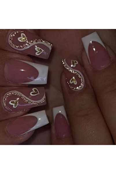 Choice Red 24PCS Shiny Golden Nail Pressed Square Fake Nail White French Poin...