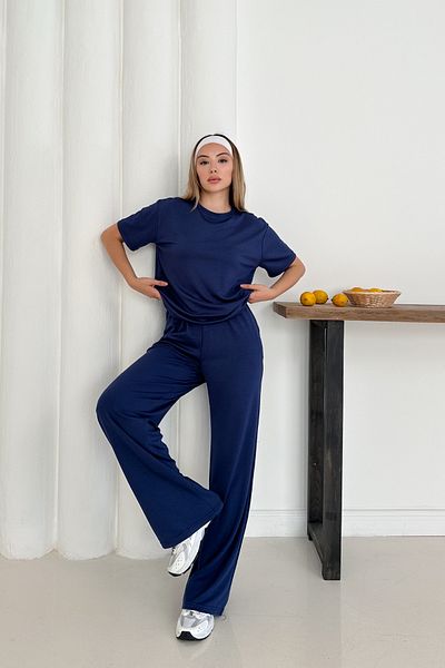 MİROR Women's Navy Blue Modal Fabric Short Sleeve Tracksuit Set
