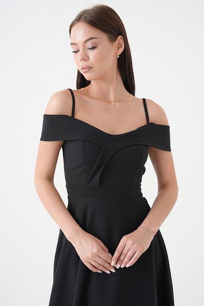 vuvutasarım New Season Women's Scuba Crepe Fabric Shoulder Open Strap Design Black Maxi Dress 342