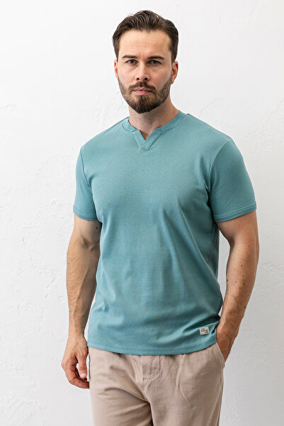 JB John Borners Ανδρικό βαμβακερό μπλουζάκι με λαιμόκοψη V γαλάζιο - 2122