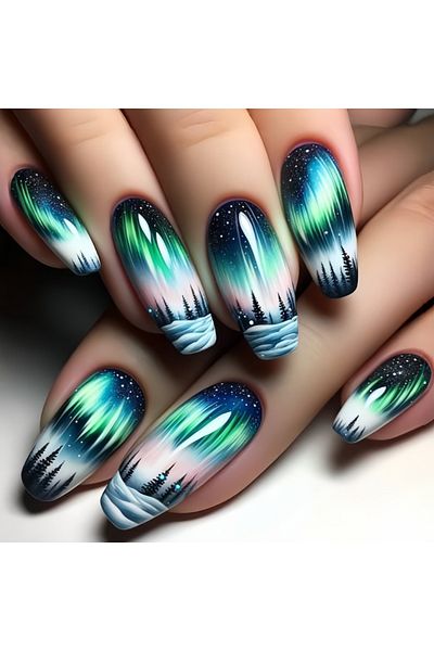 Choice1 1781 24pcs/set medium long fake nails fashion butterfly feather forest sea wave design gradient blue