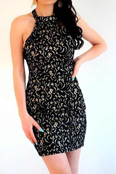 lovebox Kadın Dantel Tasarımlı Halter Yaka Siyah Mini Abiye Elbise 2108