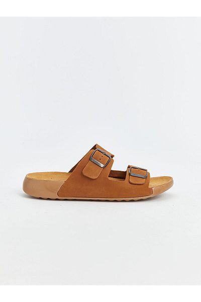 LC Waikiki Brown Buckle Detailed Double Striped Women's Slippers