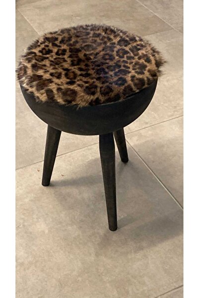 Dericibey Ahşap Leopar Desenli Deri Tabure