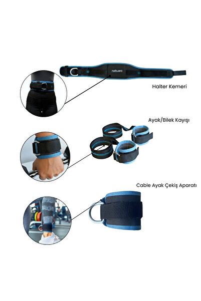 Rebuwo 3'lü Fitness Seti | Halter Kemeri(110 cm) + Ayak/Bilek Kayışı + Cable Ayak Çekiş Aparatı