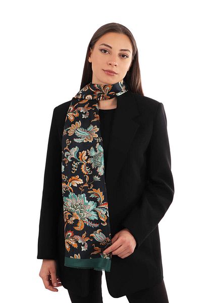 Bursa İpek Green Floral Pattern Voile Silk Scarf