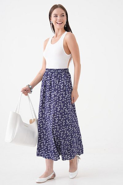 Saade Navy Blue a Form Elastic Waist Slit Woven Skirt