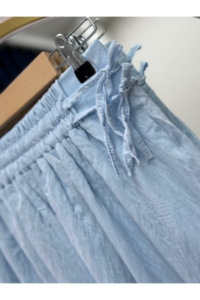 MİHRA STORE Miruna Wavy Linen Voile Balloon Sleeve Skirt Suit-Mf1794 Blue