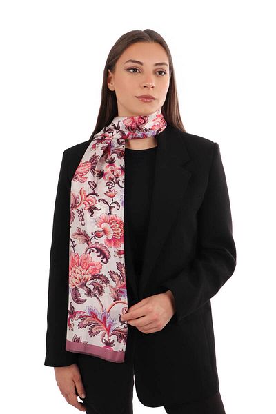 Bursa İpek Plum Flower Pattern Voile Silk Scarf