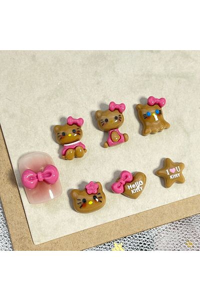 Miniso 3713-20Pcs 20Pcs DIY Nail Accessories: Hello Kitty Cartoon Nail Decor with Lovely 3D Bow and Cat Des