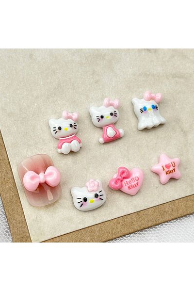 Miniso 3710-20Pcs 20Pcs DIY Nail Accessories: Hello Kitty Cartoon Nail Decor with Lovely 3D Bow and Cat Des