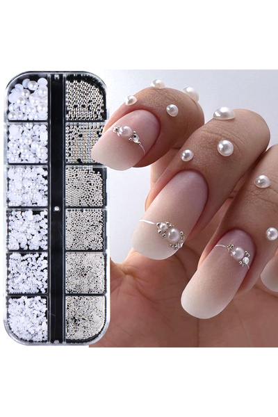 Choice S042-02 12 خرزة بيضاء لتزيين الأظافر، خرز الكافيار، نصف لآلئ، قطع مجوه...