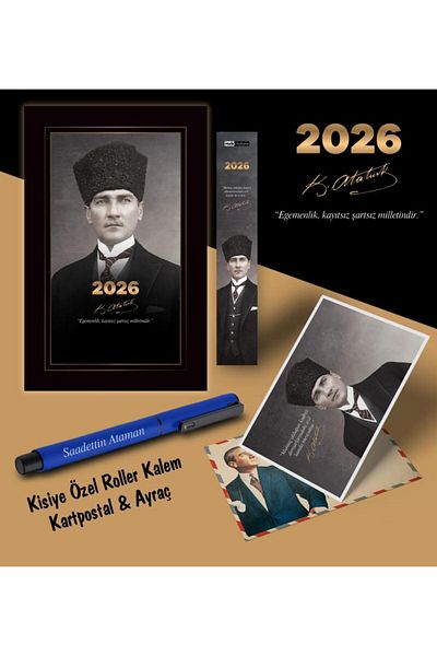 Mor kelebek Химикалка с пощенска картичка и сърце от Дневния ред на Ататюрк за 2026 г. - тъмносиня